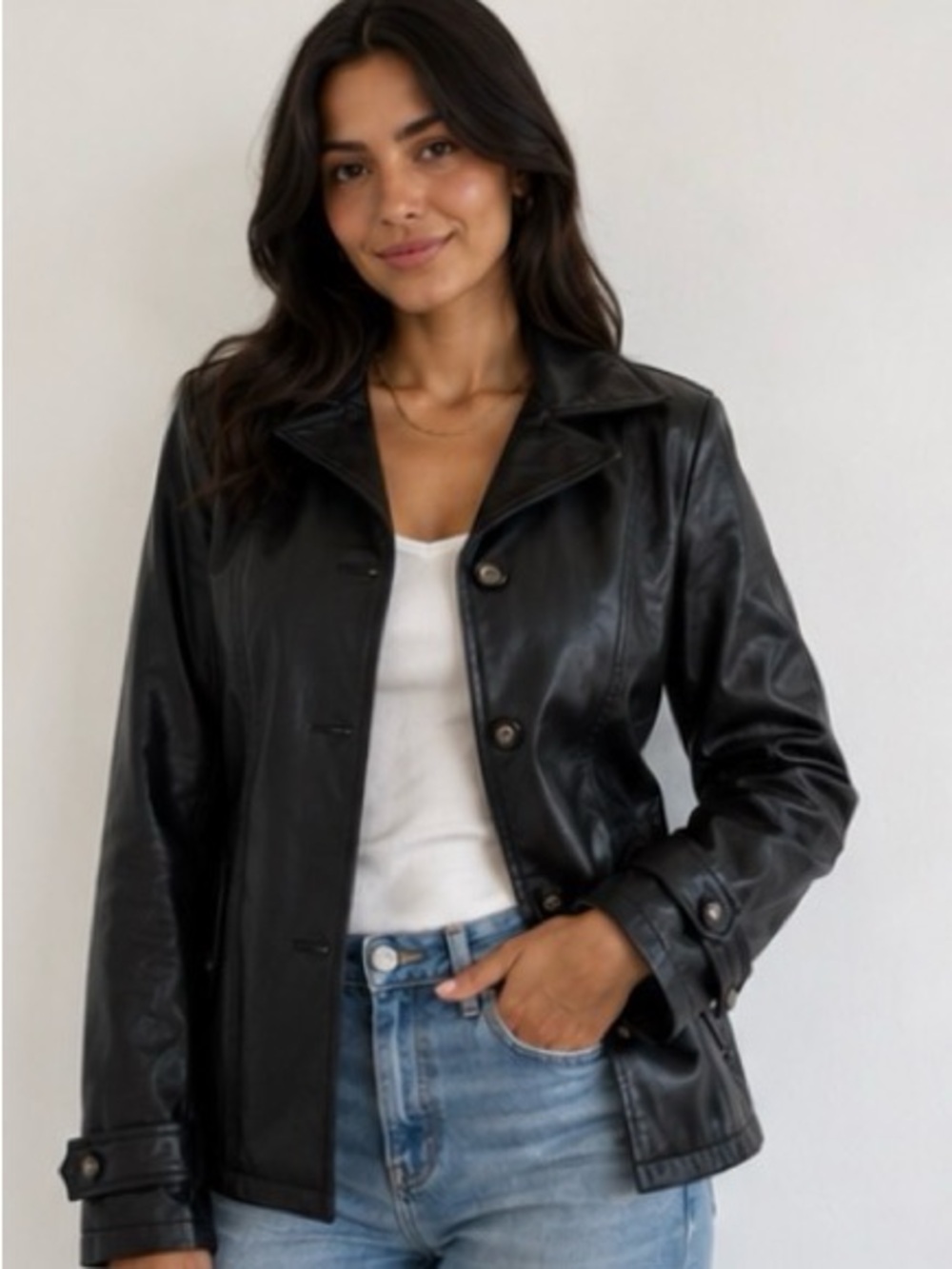 Armani Collezioni Black Leather Button-Front Jacket